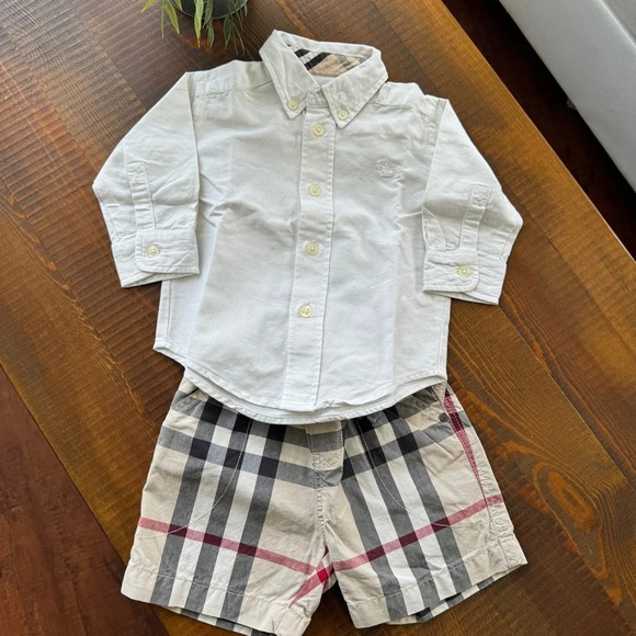 Set shorts elastic belt + top shirt button down 3/6 Burberry beige white - Picture 1 of 3